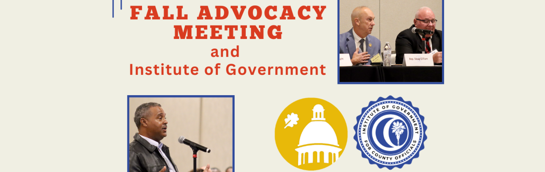 Graphic promoting the Fall Advocacy Meeting and Institute of Government, October 14–15, 2025, with photos of speakers.