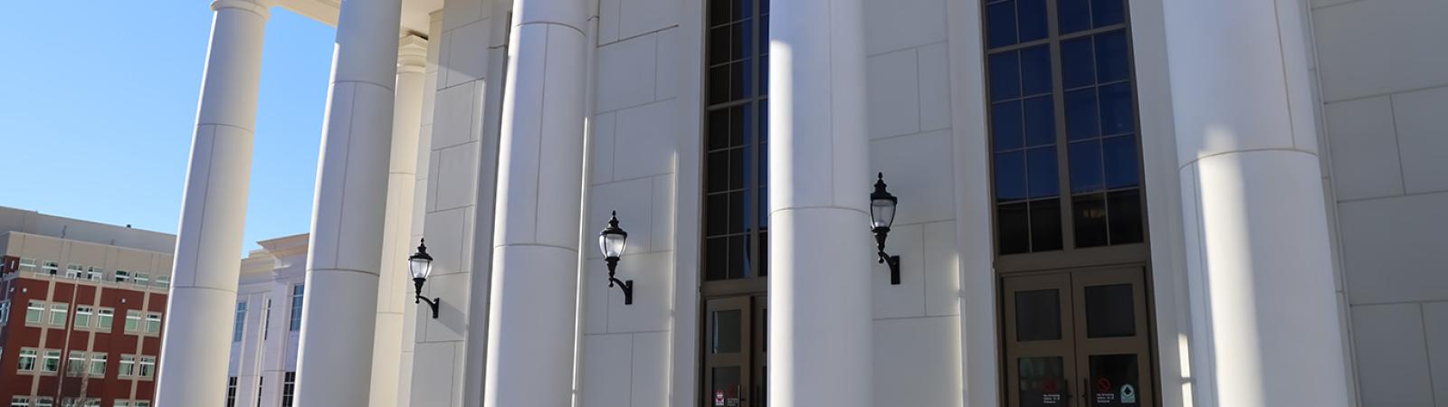 The new Spartanburg County courthouse facade features large white stone columns.