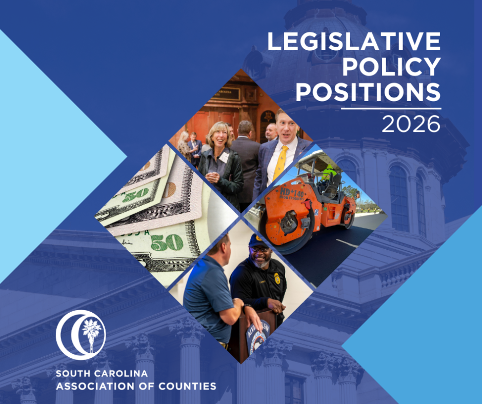 Cover of the 2026 Policy Positions book with four frames of people on a blue background over the South Carolina Statehouse. The title is 2026 Policy Positions.