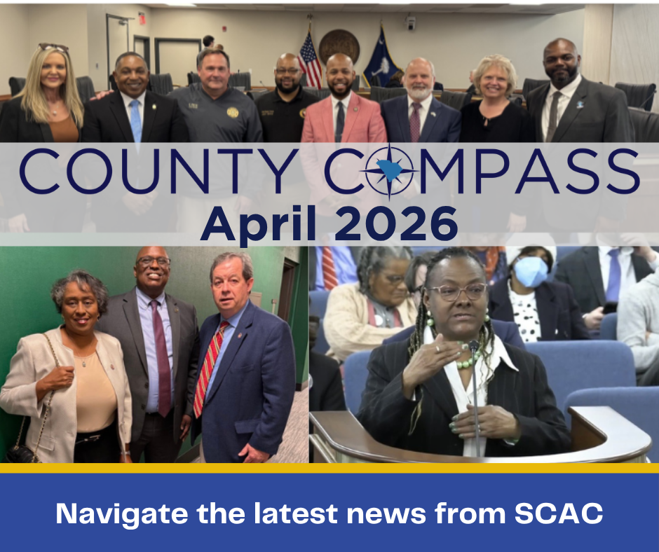 The County COMPASS logo is superimposed over a collage of county officials conducting business at the State House.