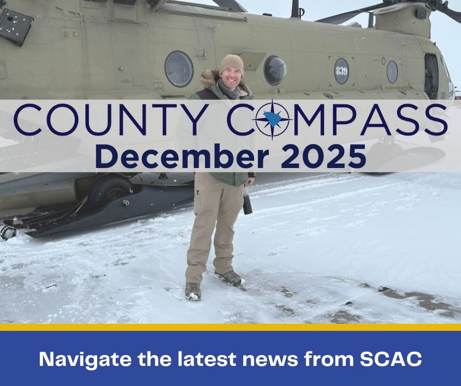 County COMPASS logo over man standing in front of a plane