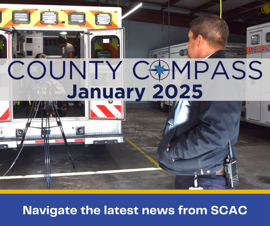 County COMPASS logo over man standing in front of an ambulance