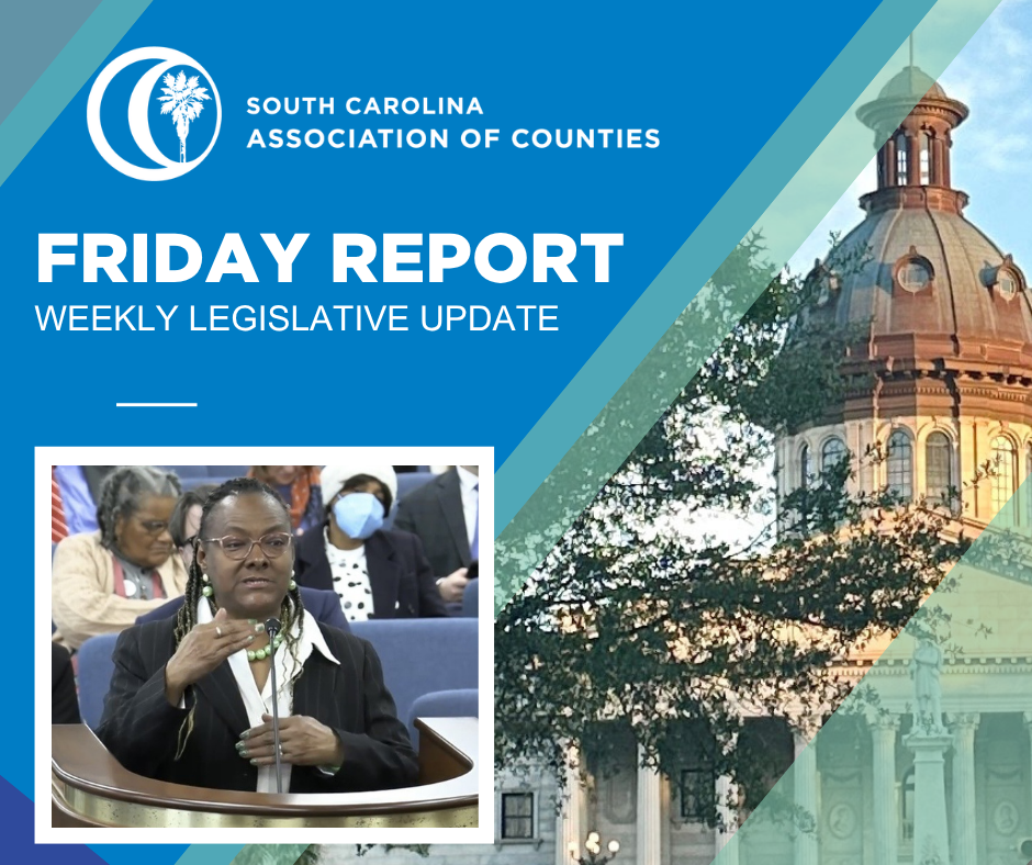 The SCAC Friday Report logo overlayed on an image of the South Carolina State House and featuring an image of Gwen Chiles testifying.