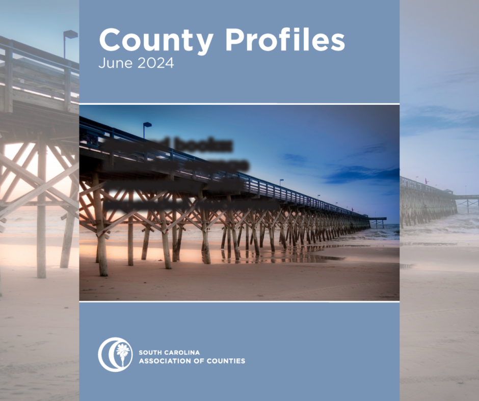 Cover image for the “County Profiles June 2024” report by the South Carolina Association of Counties, featuring a pier over a sandy beach at sunset.