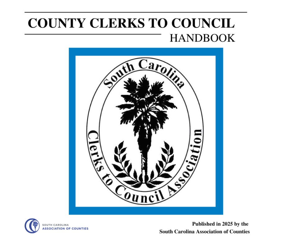 Palmetto tree in an oval as seal of Clerks to Council Association with a blue border cover of Clerks Handbook
