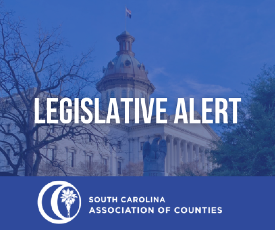State House on a sunny day with white words reading "Legislative Alert." SCAC logo, a circle palmetto tree and moon in white is at the bottom.. 