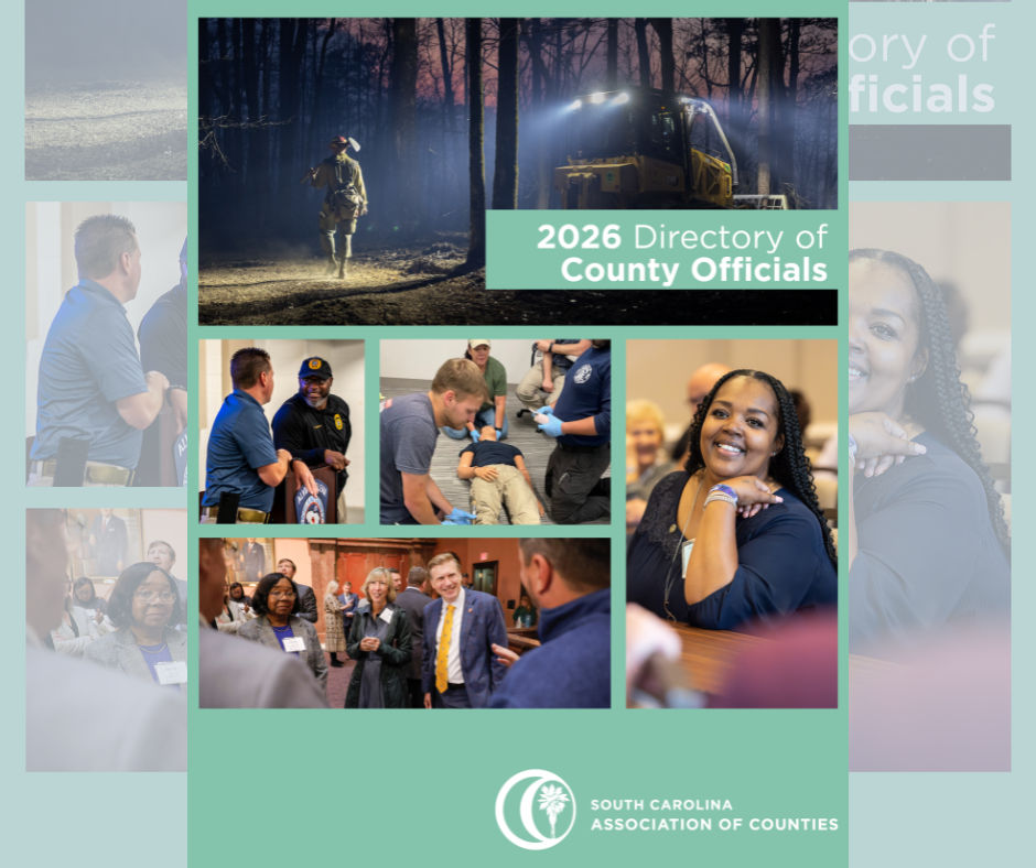 collage-style cover for the 2026 Directory of County Officials features images of emergency responders, community interactions, a person seated at a table, and attendees at an event, along with the South Carolina Association of Counties logo