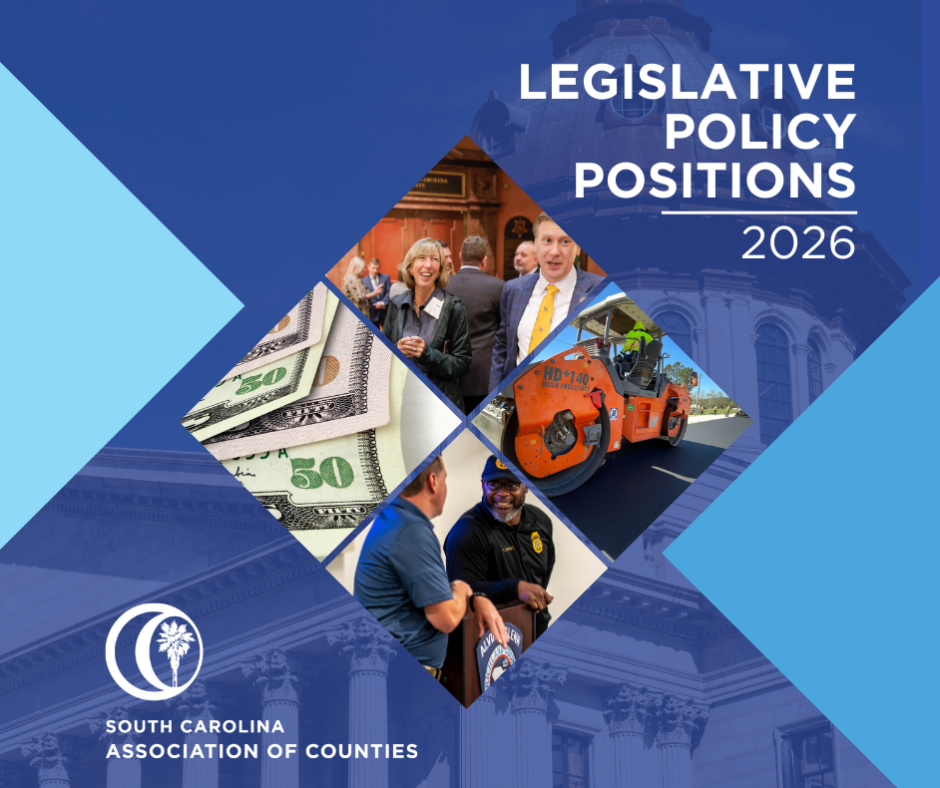 Cover of the 2026 Policy Positions book with four frames of people on a blue background over the South Carolina Statehouse. The title is 2026 Policy Positions.