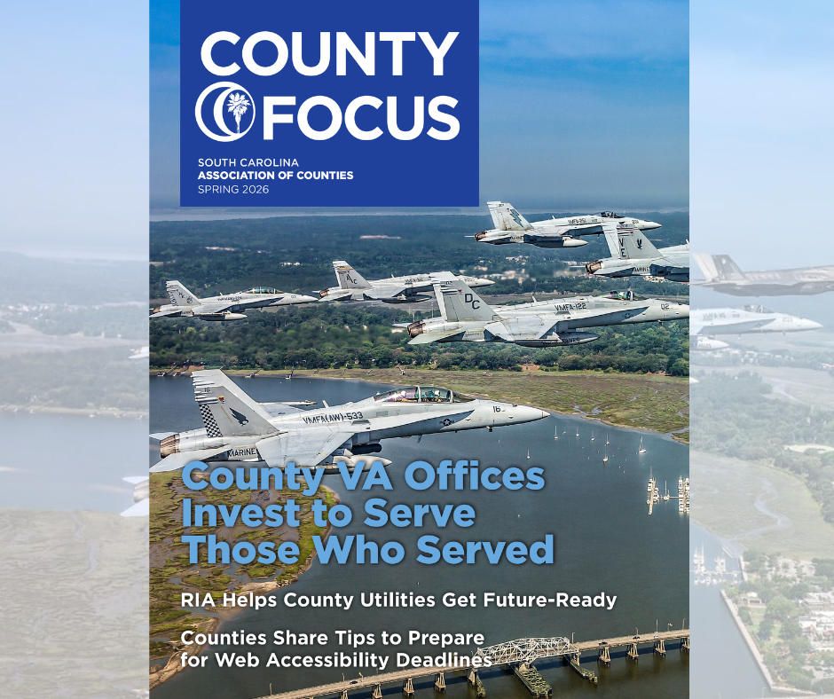 Jet planes flying over water and a bridge on a sunny day. County Focus nameplate text on the magazine cover.