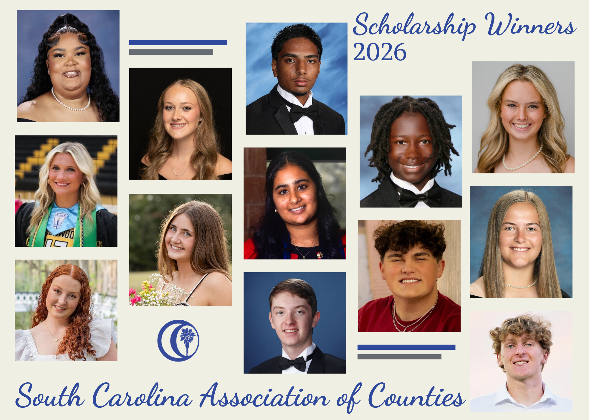A college of images of the 13 high school seniors who received 2026 SCAC Scholarships.