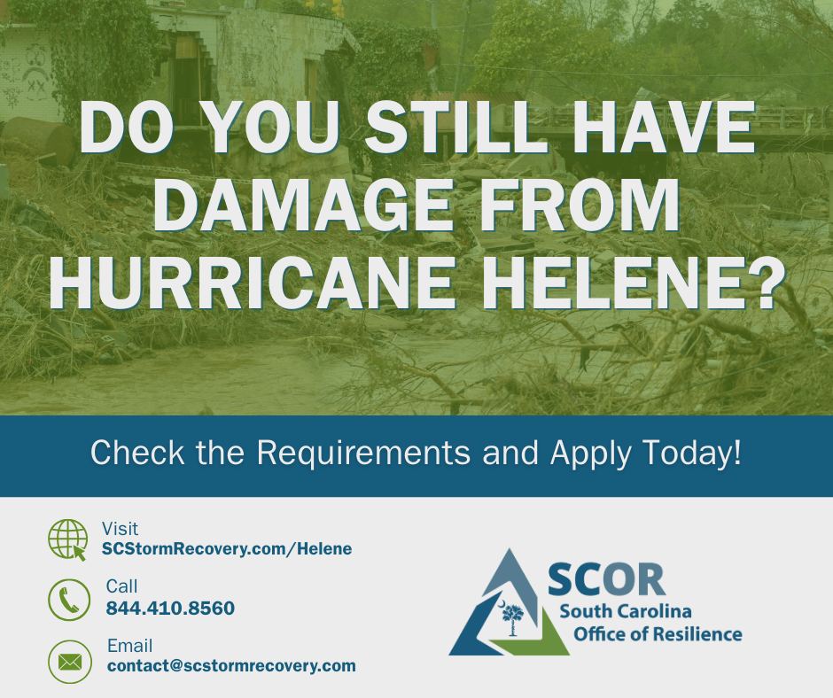 Do you still have damage from Hurricane Helene? Check the Requirements and Apply Today! The flyer also includes website, phone and email contact information, which is included in the article.