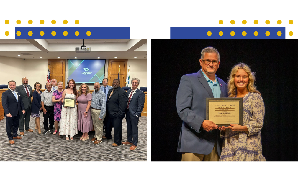 Side-by-side photos show a scholarship recipients receiving award certificates on stage and posing with community leaders during recognition ceremonies.