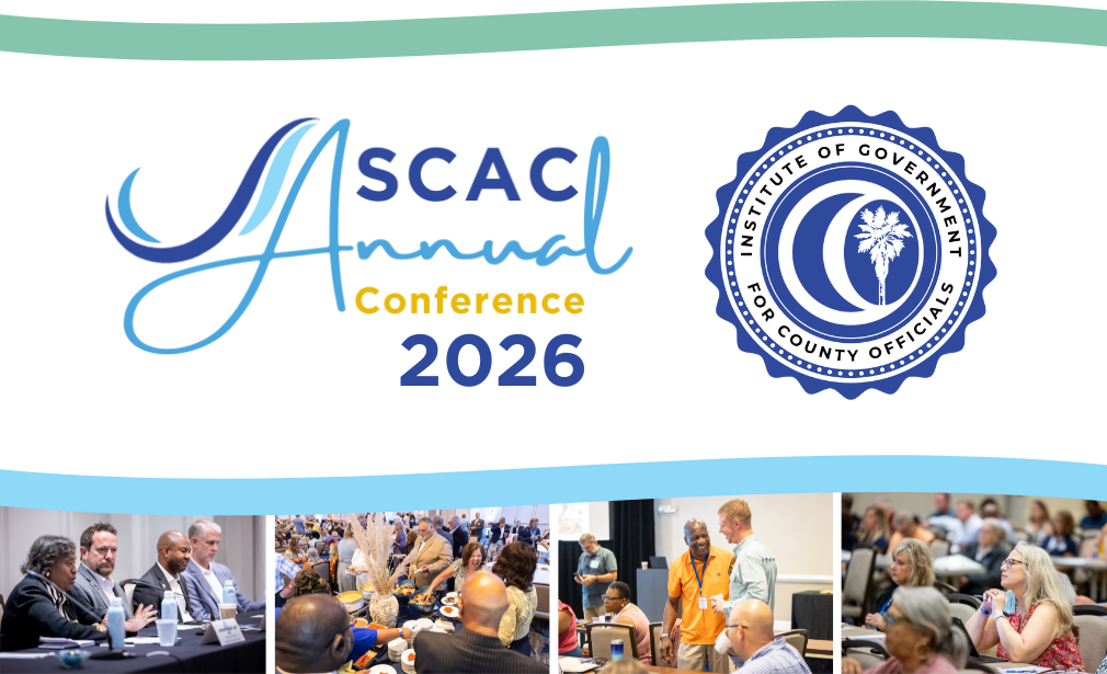 SCAC Annual Conference 2026 logo alongside the Institute of Government for County Officials seal, with a collage of photos showing attendees participating in conference sessions.