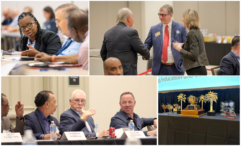 Attendees engaged in discussion at roundtable sessions, a handshake during a conversation, participants in a panel discussion, and a display table featuring trophies and awards
