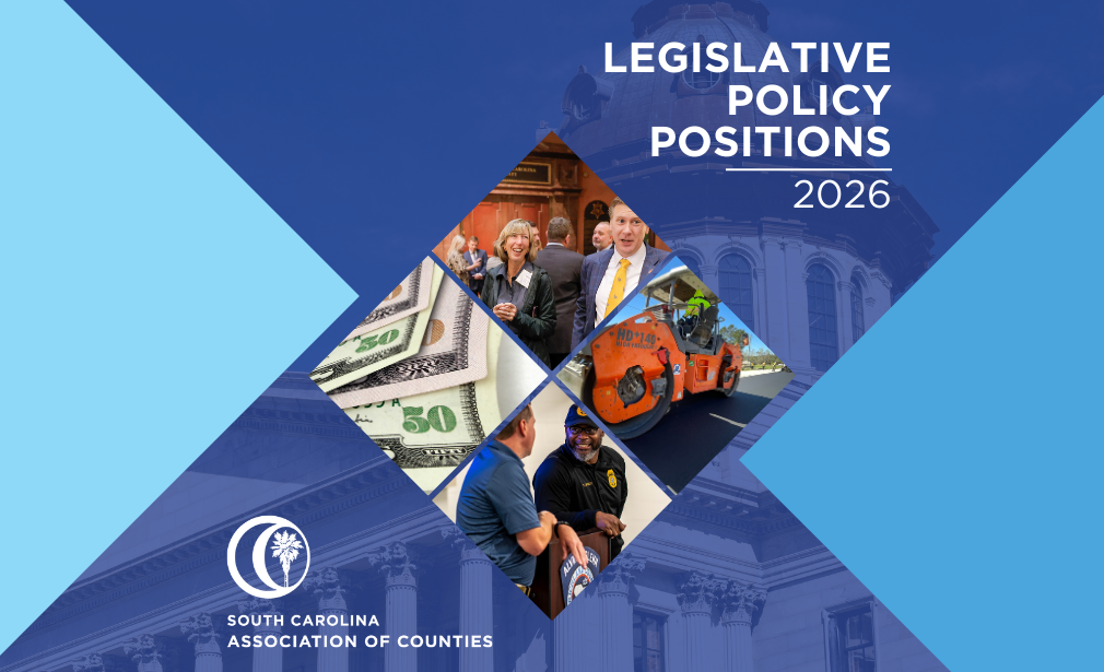 Cover of the 2026 Policy Positions book with four frames of people on a blue background over the South Carolina Statehouse. The title is 2026 Policy Positions.