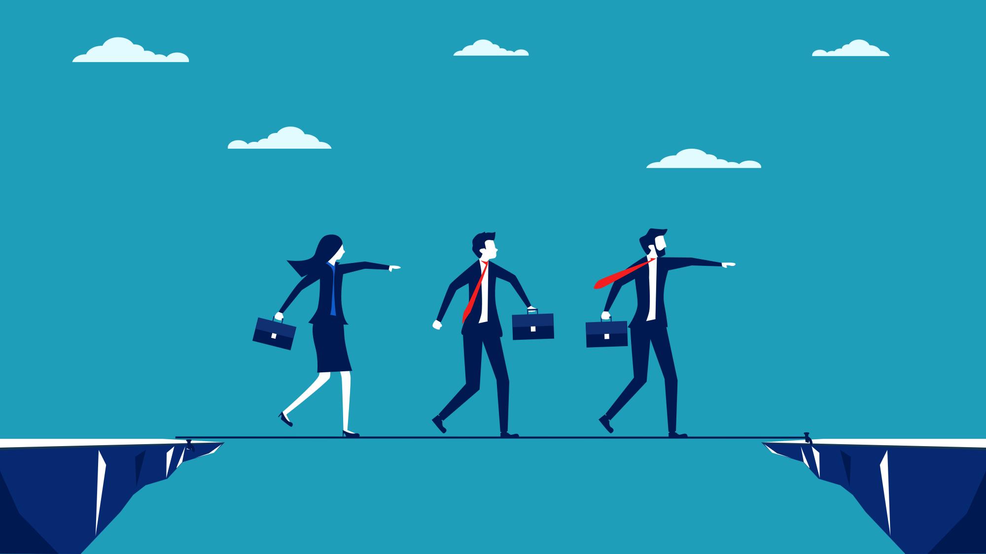 Three figures in business attire walk across a tight rope. 