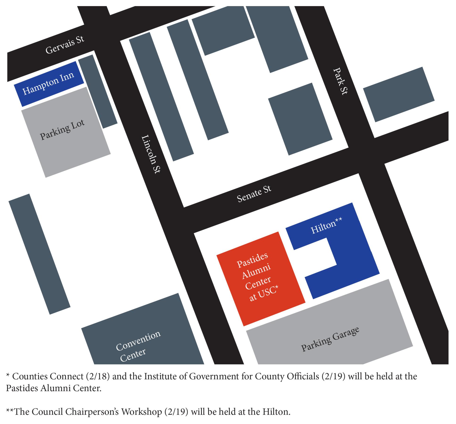 Downtown map highlighting Hampton Inn, Pastides Alumni Center and Hilton