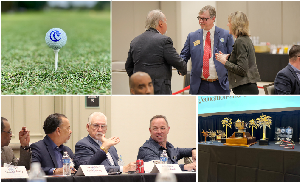 Photo collage (clockwise): golf ball on tee, people socializing at a meeting, awards on a table and students in a class.