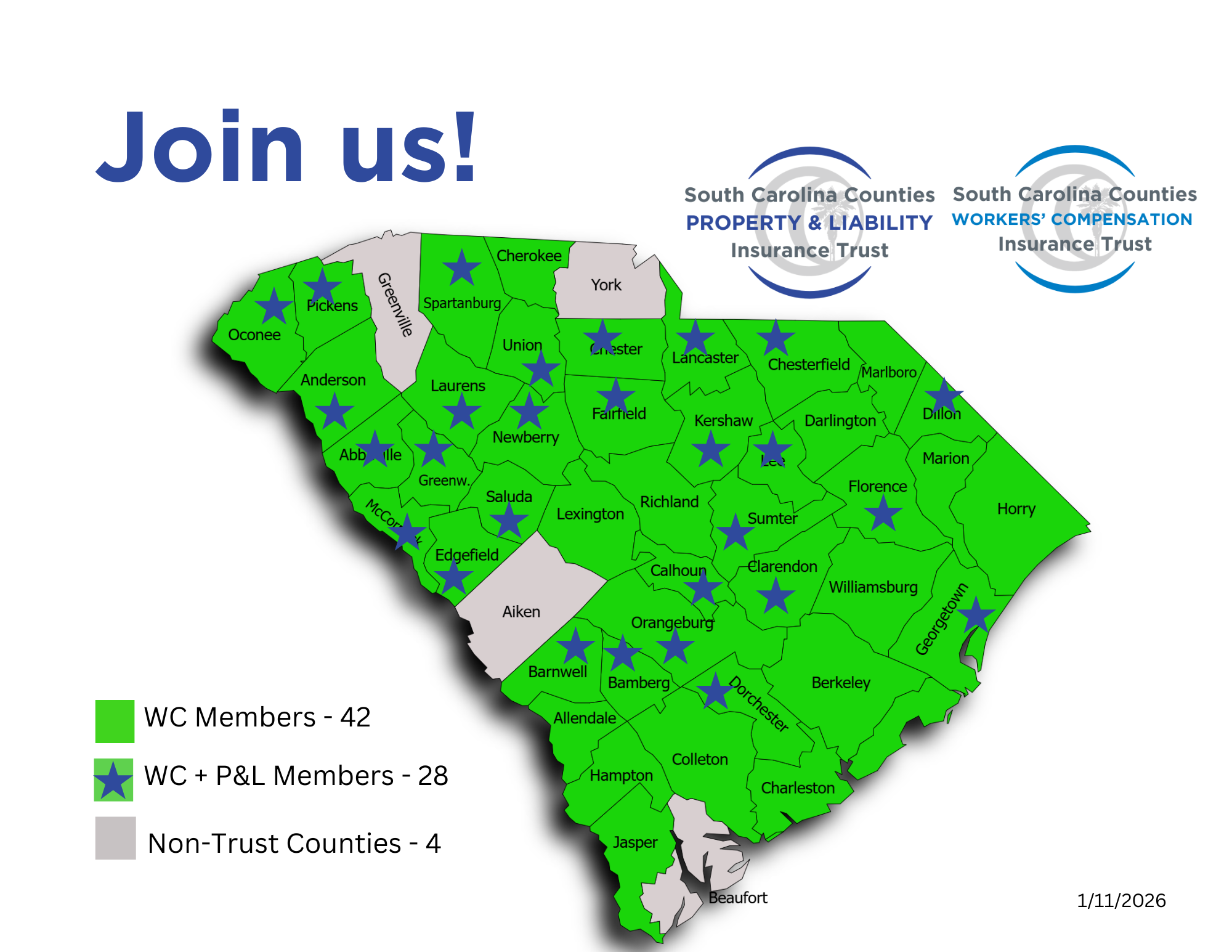 map showing counties that are members of the sc counties insurance trusts
